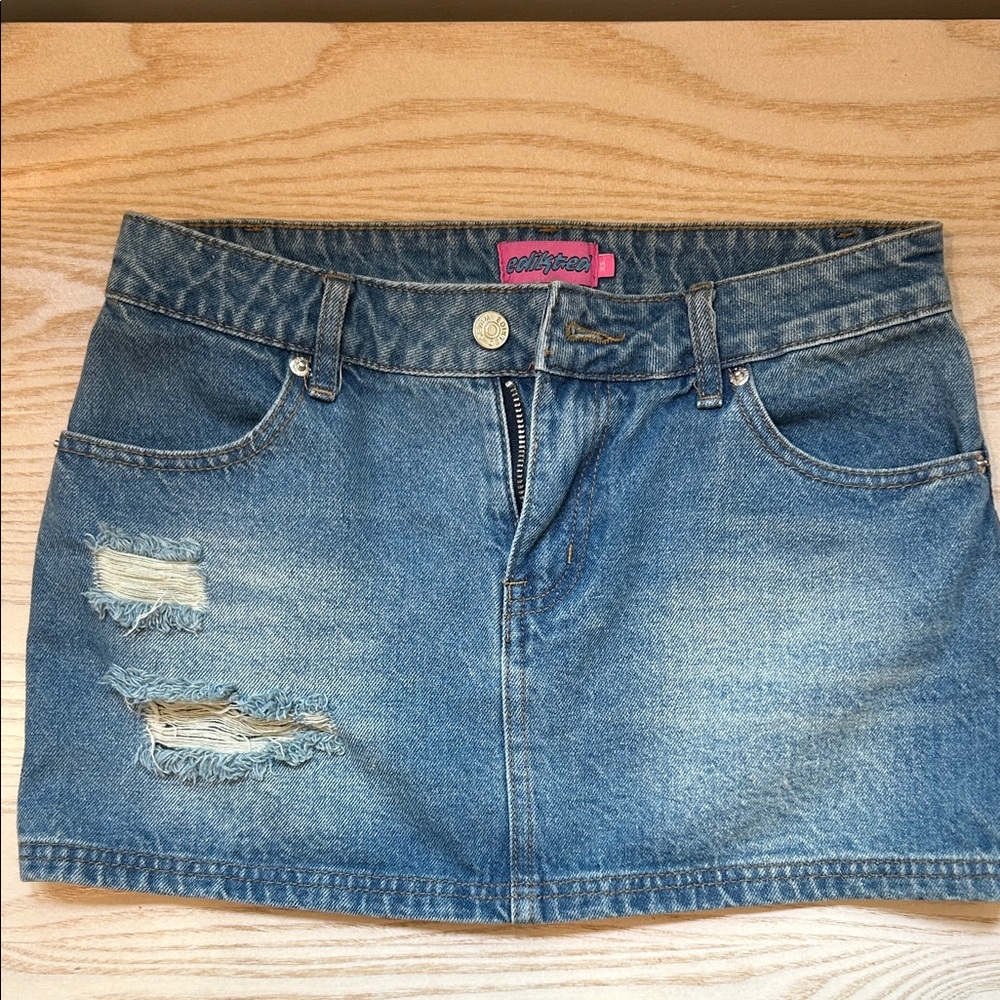 Edikted Blue Distressed Mini Skirt